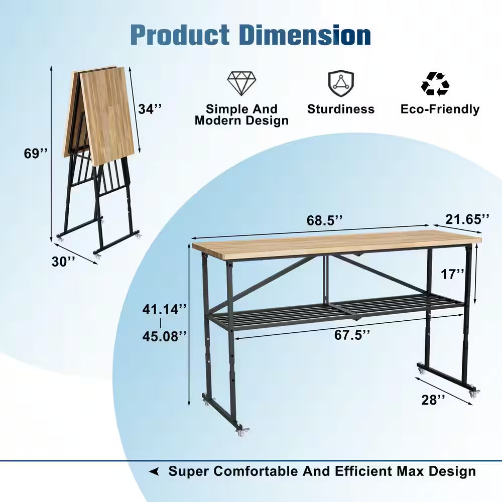 68 In. W X 21 In. D Adjustable Solid Wood Top Workbench Foldable Hardwood Workbench with Wheels