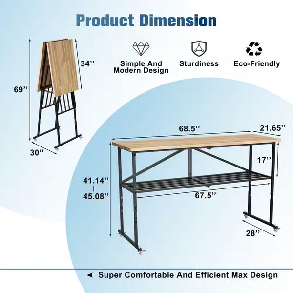 68 In. W X 21 In. D Adjustable Solid Wood Top Workbench Foldable Hardwood Workbench with Wheels
