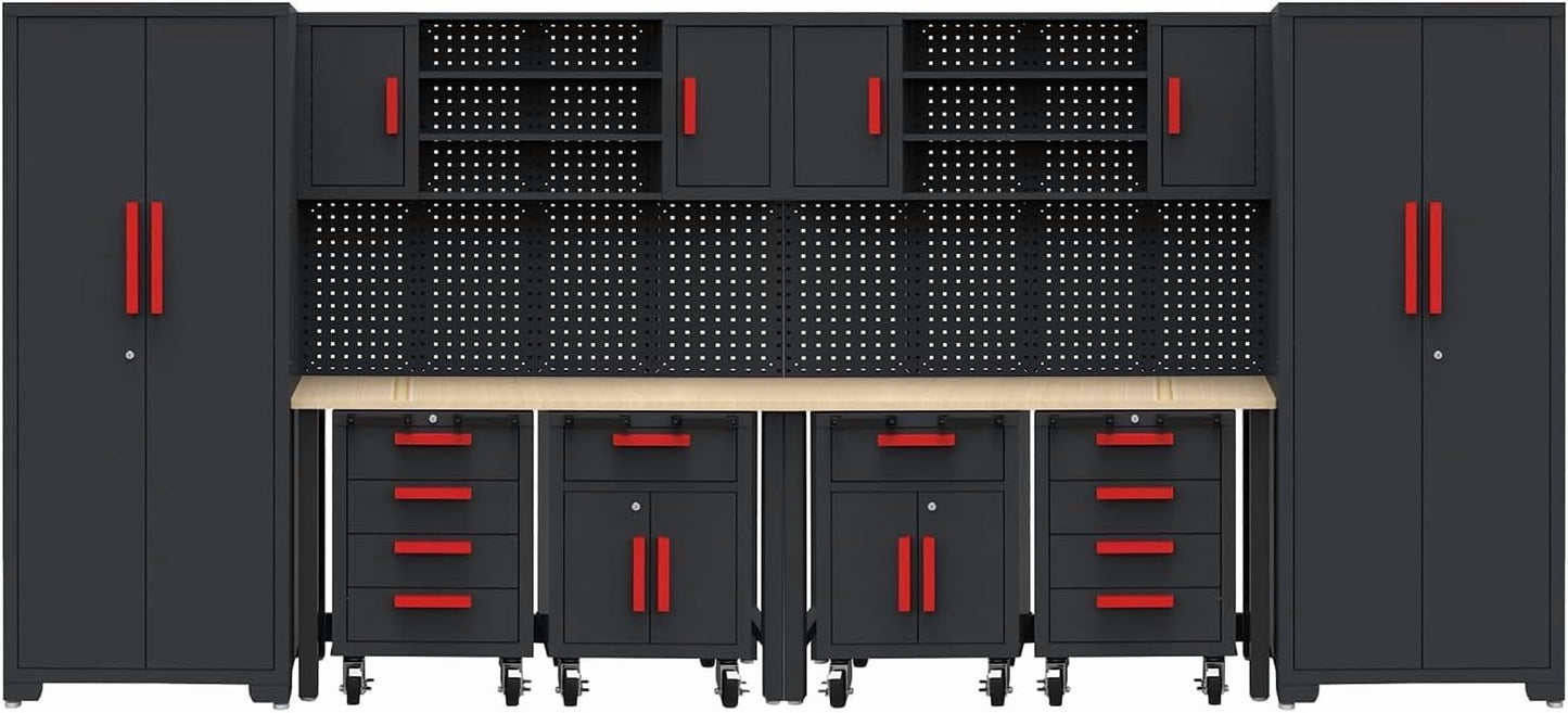 Garage Cabinets Storage System，12Pcs Workshop Set with Steel Cabinet Drawers, Rolling Chest, Workbench, Pegboard for Tool Organization