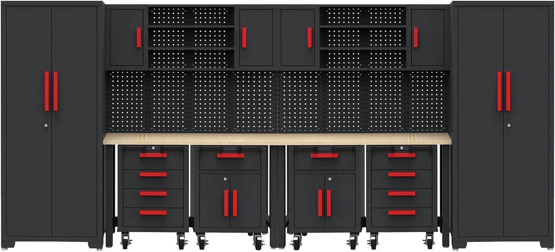 Garage Cabinets Storage System，12Pcs Workshop Set with Steel Cabinet Drawers, Rolling Chest, Workbench, Pegboard for Tool Organization