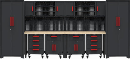 Garage Cabinets Storage System，12Pcs Workshop Set with Steel Cabinet Drawers, Rolling Chest, Workbench, Pegboard for Tool Organization