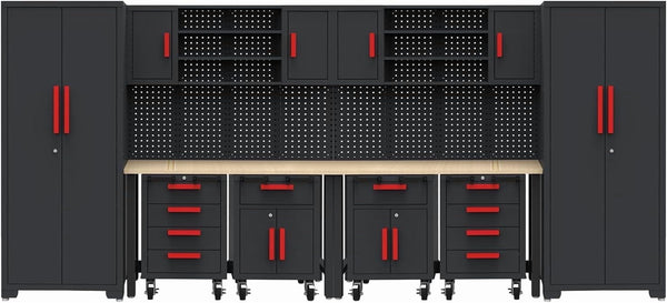 Garage Cabinets Storage System，12Pcs Workshop Set with Steel Cabinet Drawers, Rolling Chest, Workbench, Pegboard for Tool Organization