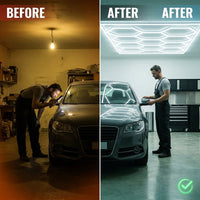 Hexagon Garage Lights, 66300LM, 6500K 15 Grid Systems Honeycomb Hexagonal Garage LED Lights, DIY Cool White Car Detailing Ceiling Lighting Bright Shop Light for Gym Basement Workshop — Before & After