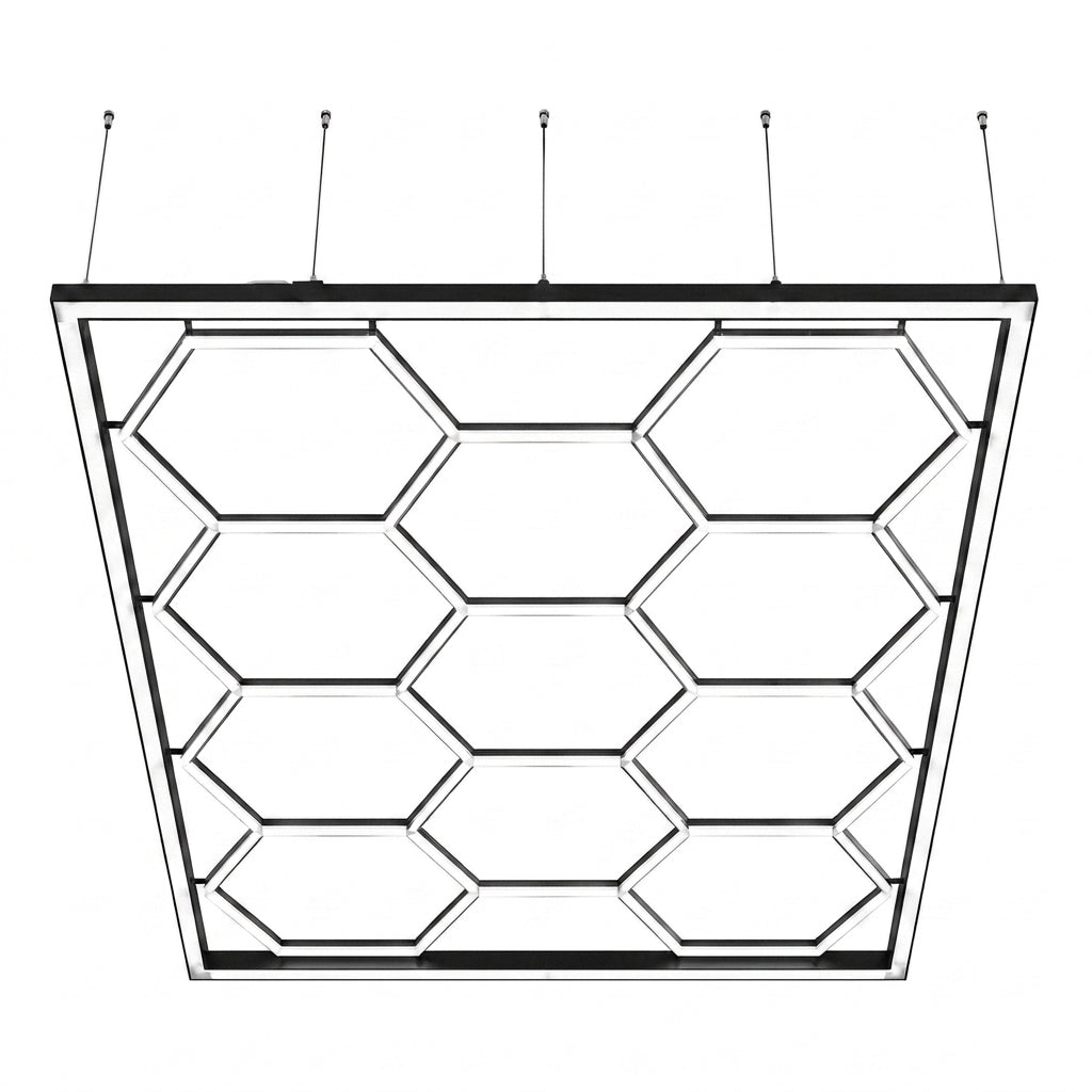Hexagon Garage Lights, 66300LM, 6500K 15 Grid Systems Honeycomb Hexagonal Garage LED Lights, DIY Cool White Car Detailing Ceiling Lighting Bright Shop Light for Gym Basement Workshop — Studio Shot