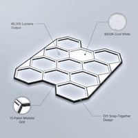 Hexagon Garage Lights, 66300LM, 6500K 15 Grid Systems Honeycomb Hexagonal Garage LED Lights, DIY Cool White Car Detailing Ceiling Lighting Bright Shop Light for Gym Basement Workshop — infographic