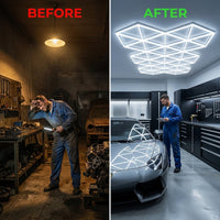 Triangle LED Garage Light - 71 Pack Hexagonal Lights, 710W 78100LM Super Bright Garage Ceiling Lights, Larger Size Honeycomb Light for Warehouse Workshop Gym Basement Car Care Wash Room — Before & After