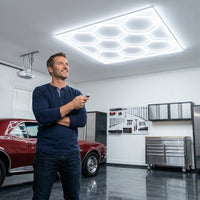 Triangle LED Garage Light - 71 Pack Hexagonal Lights, 710W 78100LM Super Bright Garage Ceiling Lights, Larger Size Honeycomb Light for Warehouse Workshop Gym Basement Car Care Wash Room — Lifestyle