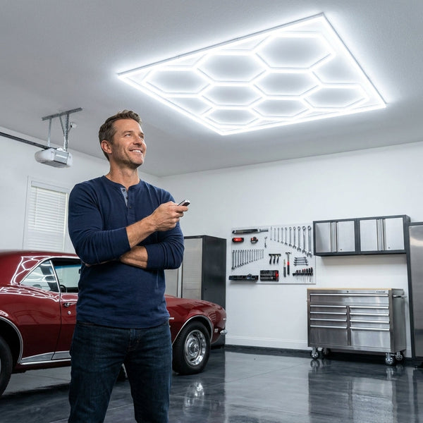 LED Garage Light System Engineered for Workshop Illumination, 71 Hexagonal Panels, 710W Output, 78100 Lumens
