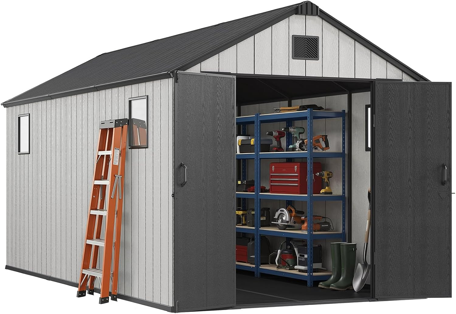 Outdoor Storage Shed, 8X15Ft Resin Shed with Floor & Windows, Thickened Heavy Duty All-Weather Garden Tool Shed for Backyard, Patio, Lawn, Gray