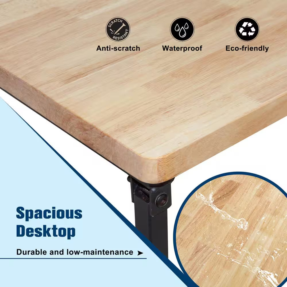 68 In. W X 21 In. D Adjustable Solid Wood Top Workbench Foldable Hardwood Workbench with Wheels