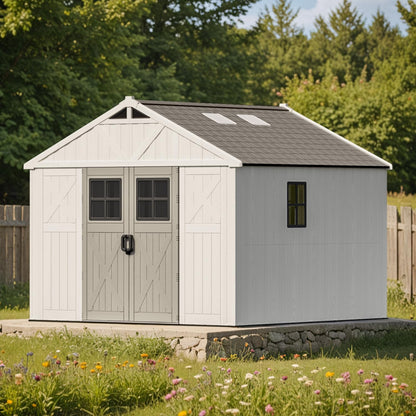 10X10 FT Resin Outdoor Storage Shed with Floor, Beige
