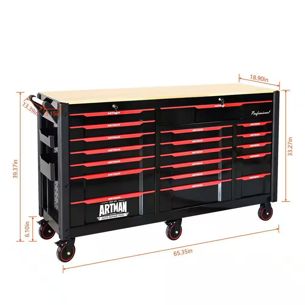 68.5 In. D X 19 In. W 7+12 Drawers Heavy Duty Black and Red Metal Rolling Tool Chest Combo for Workshops and Labs