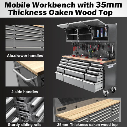 72" Rolling Tool Chest with 15 Lockable Drawers & 3 Upper Cabinets, Heavy-Duty 16-Gauge Steel Garage Workbench with Solid Oak Top, ETL Power Strip, Pegboard & 51 Hooks (HT0428)