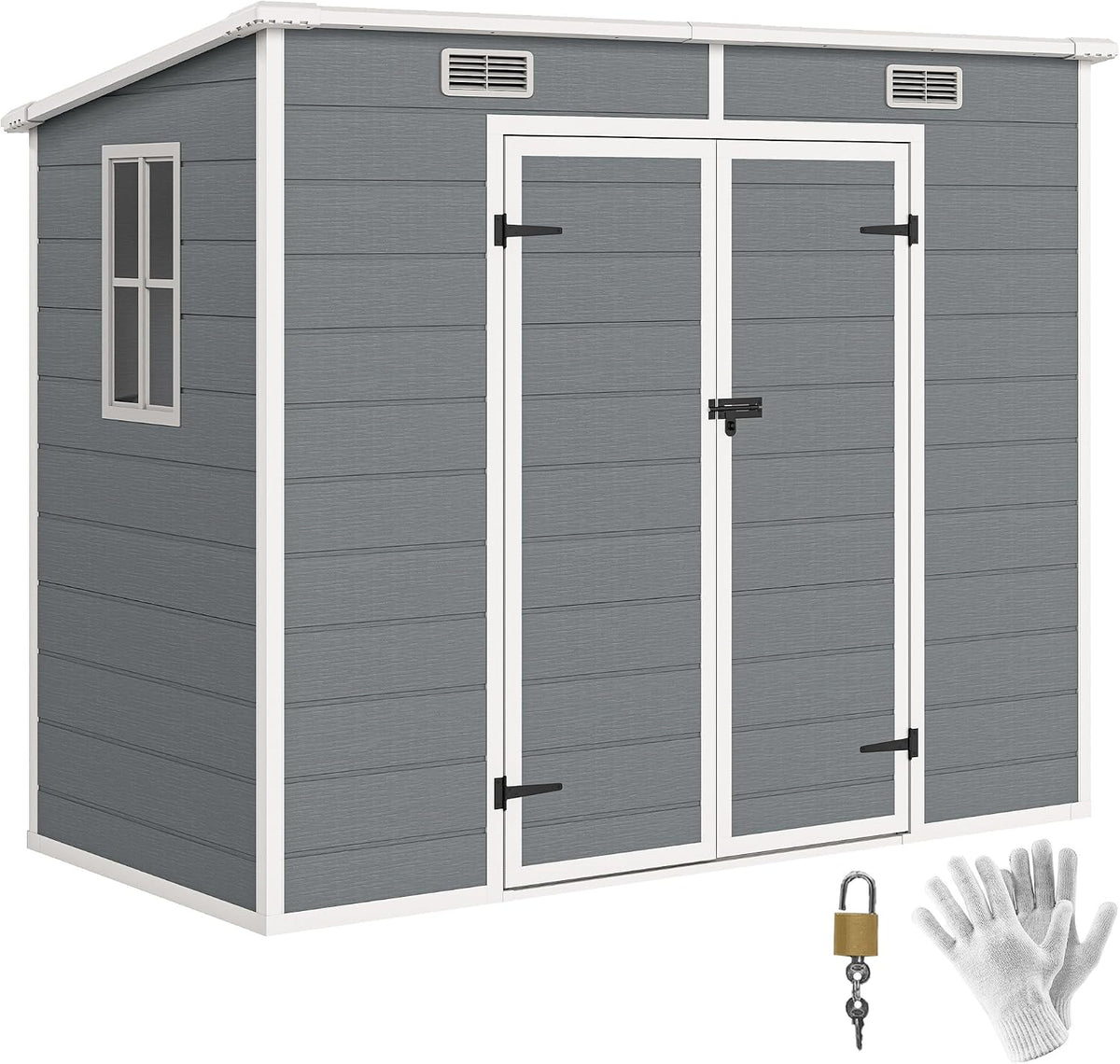 8' X 4' Outdoor Storage Shed, Waterproof Resin Plastic Shed with Floor, Window, Lockable Doors and Vents, All-Weather Garden Tool Shed for Backyard, Patio, Lawn, Gray