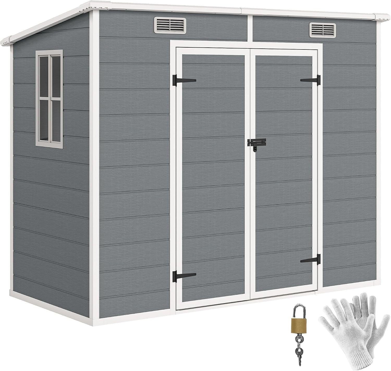 8' X 4' Outdoor Storage Shed, Waterproof Resin Plastic Shed with Floor, Window, Lockable Doors and Vents, All-Weather Garden Tool Shed for Backyard, Patio, Lawn, Gray