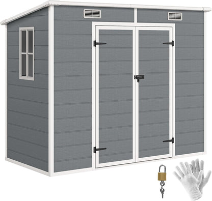 8' X 4' Outdoor Storage Shed, Waterproof Resin Plastic Shed with Floor, Window, Lockable Doors and Vents, All-Weather Garden Tool Shed for Backyard, Patio, Lawn, Gray
