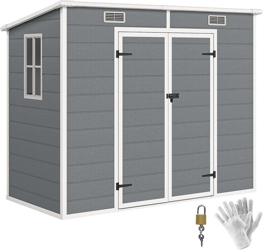 8' X 4' Outdoor Storage Shed, Waterproof Resin Plastic Shed with Floor, Window, Lockable Doors and Vents, All-Weather Garden Tool Shed for Backyard, Patio, Lawn, Gray
