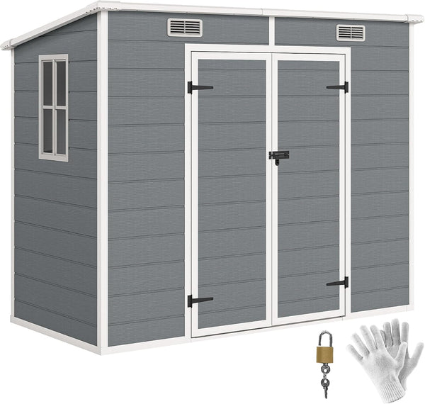 8' X 4' Outdoor Storage Shed, Waterproof Resin Plastic Shed with Floor, Window, Lockable Doors and Vents, All-Weather Garden Tool Shed for Backyard, Patio, Lawn, Gray