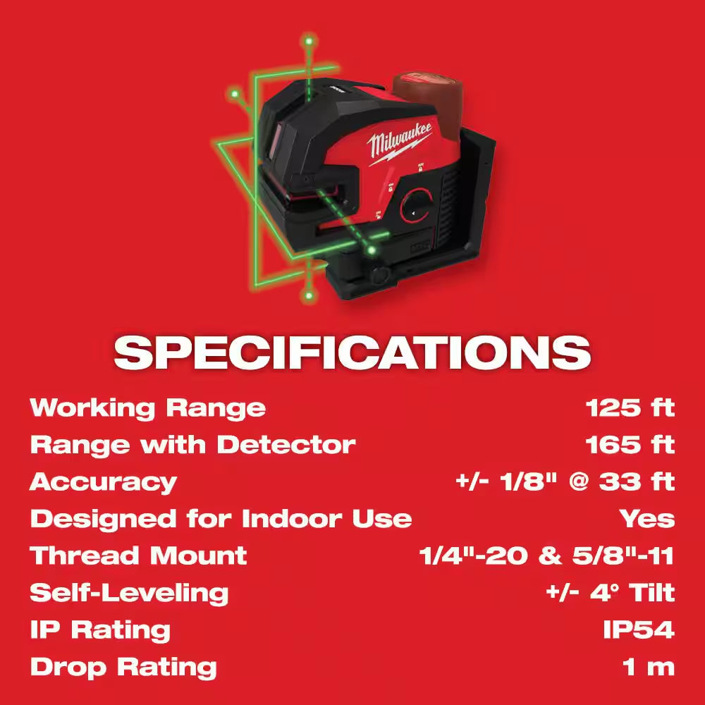 M12 12-Volt Lithium-Ion Cordless Green 125 Ft. Cross Line and 4-Point Laser Level W/ Quick Connect Laser Mount