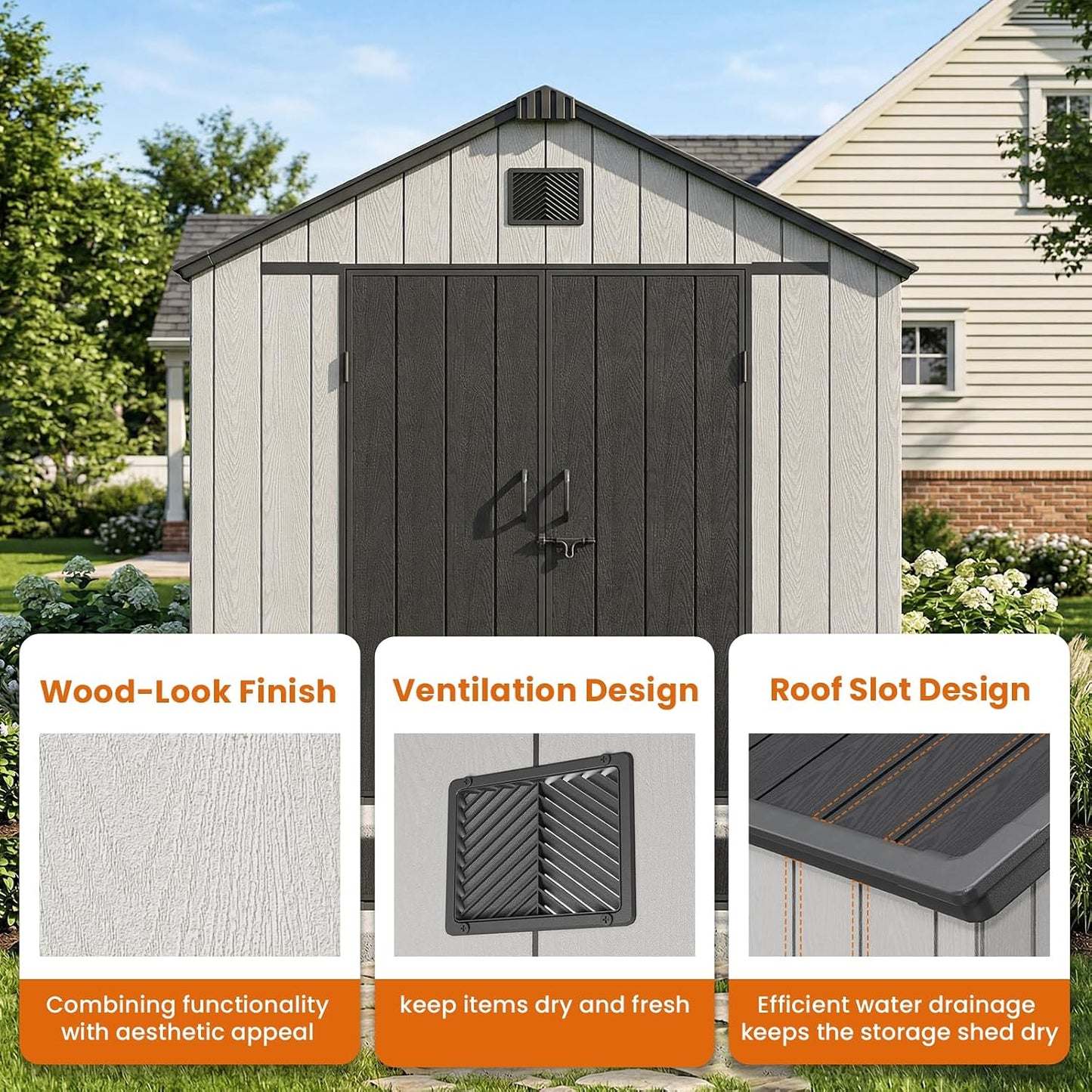 Outdoor Storage Shed, 8X15Ft Resin Shed with Floor & Windows, Thickened Heavy Duty All-Weather Garden Tool Shed for Backyard, Patio, Lawn, Gray