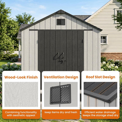 Outdoor Storage Shed, 8X15Ft Resin Shed with Floor & Windows, Thickened Heavy Duty All-Weather Garden Tool Shed for Backyard, Patio, Lawn, Gray