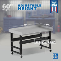 60-In W X 34.375-In H Rolling Powder Coated Finish Stainless Steel Adjustable Height Work Bench