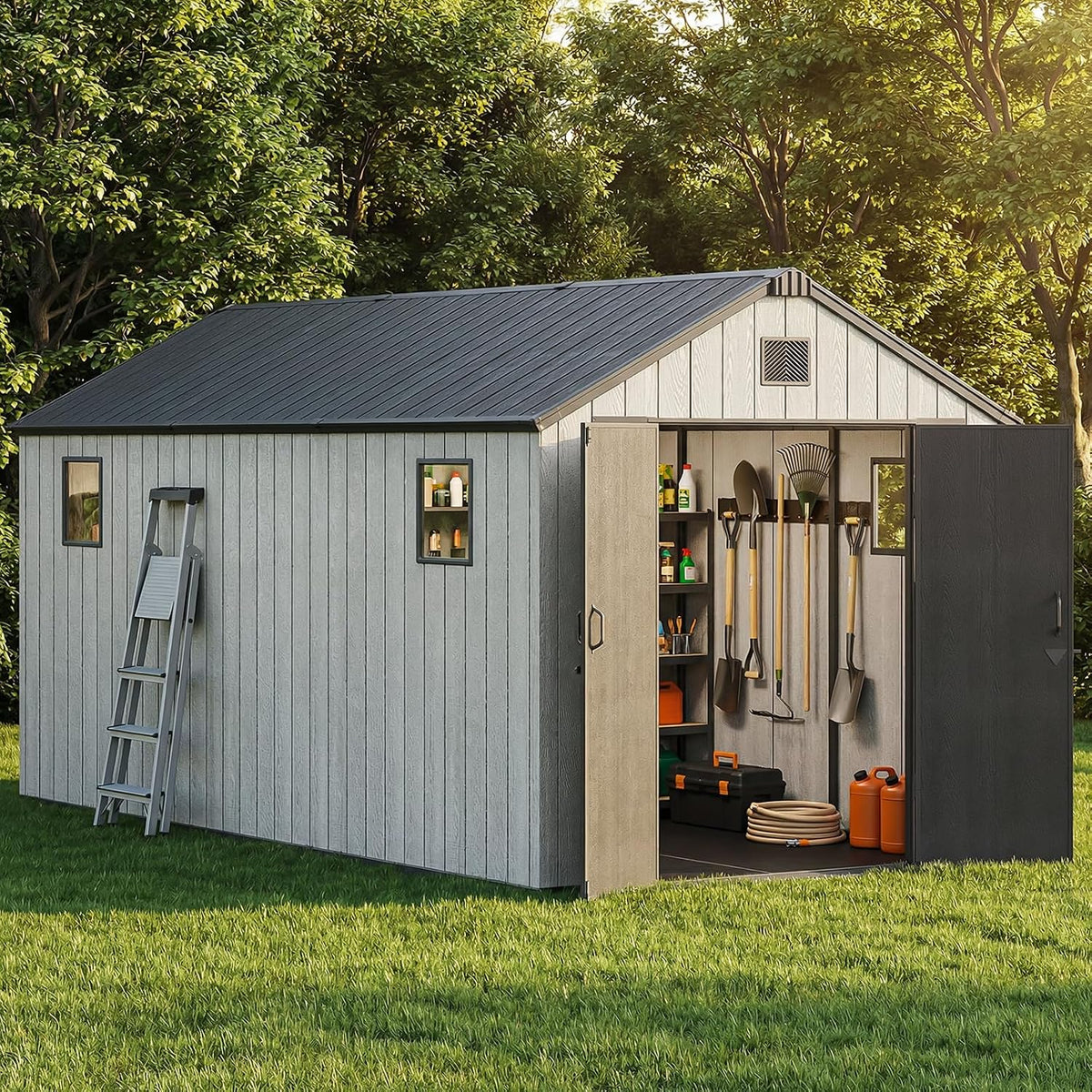 Outdoor Storage Shed, 8X15Ft Resin Shed with Floor & Windows, Thickened Heavy Duty All-Weather Garden Tool Shed for Backyard, Patio, Lawn, Gray