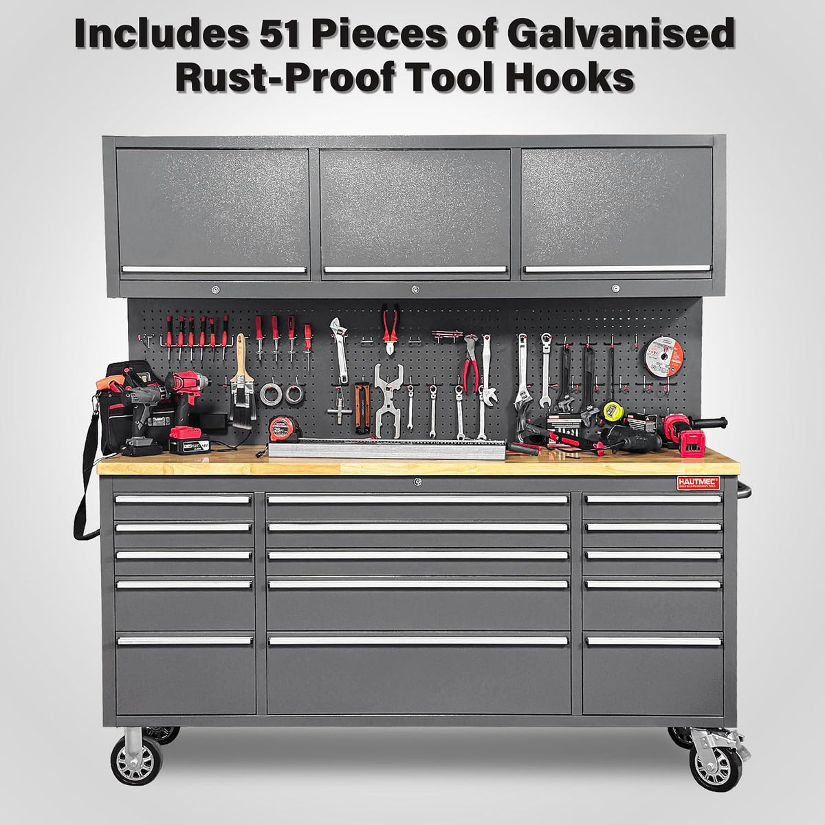 72" Rolling Tool Chest with 15 Lockable Drawers & 3 Upper Cabinets, Heavy-Duty 16-Gauge Steel Garage Workbench with Solid Oak Top, ETL Power Strip, Pegboard & 51 Hooks (HT0428)