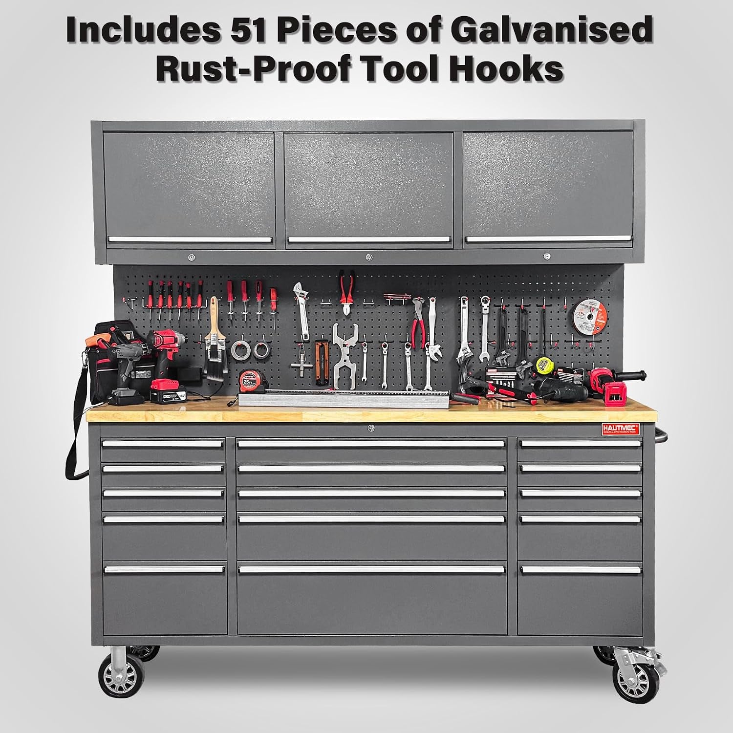 72" Rolling Tool Chest with 15 Lockable Drawers & 3 Upper Cabinets, Heavy-Duty 16-Gauge Steel Garage Workbench with Solid Oak Top, ETL Power Strip, Pegboard & 51 Hooks (HT0428)