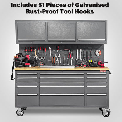 72" Rolling Tool Chest with 15 Lockable Drawers & 3 Upper Cabinets, Heavy-Duty 16-Gauge Steel Garage Workbench with Solid Oak Top, ETL Power Strip, Pegboard & 51 Hooks (HT0428)