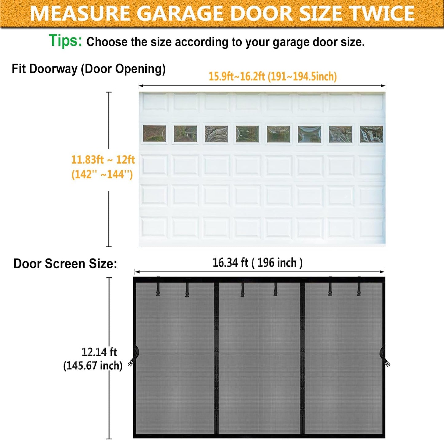 Magnetic Garage Door Screen 16X12Ft for 2 3 Car, Doors Durable Fiberglass Heavy Duty Mesh Magnetic Net, Pets Friendly Retractable for Carport Garage Patio Porch (Black, 16X12Ft)