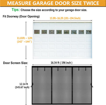 Magnetic Garage Door Screen 16X12Ft for 2 3 Car, Doors Durable Fiberglass Heavy Duty Mesh Magnetic Net, Pets Friendly Retractable for Carport Garage Patio Porch (Black, 16X12Ft)